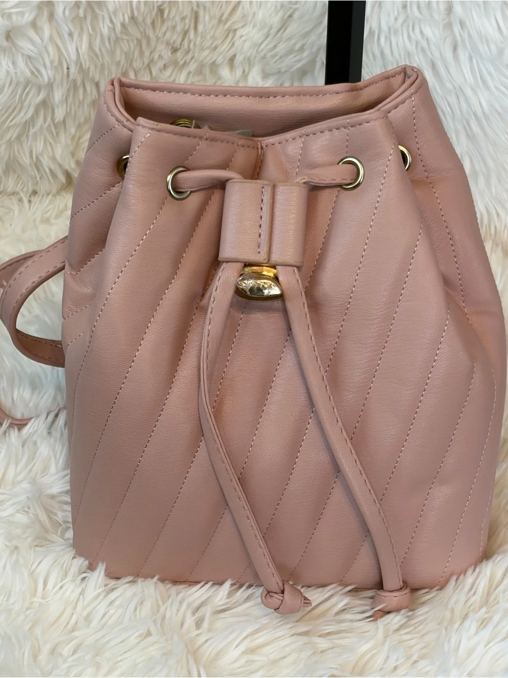 bebe Blush Mini Quilted Leather Drawstring Backpack with Gold Hardware - Picture 6 of 6